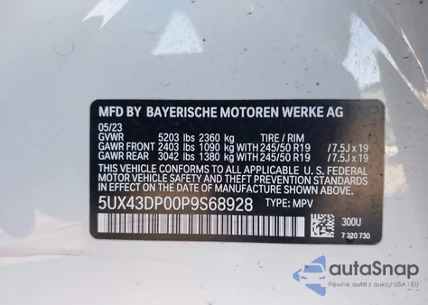 2023 BMW X3 Sdrive30I z USA, uszkodzony, nr VIN 5UX43DP00P9S68928